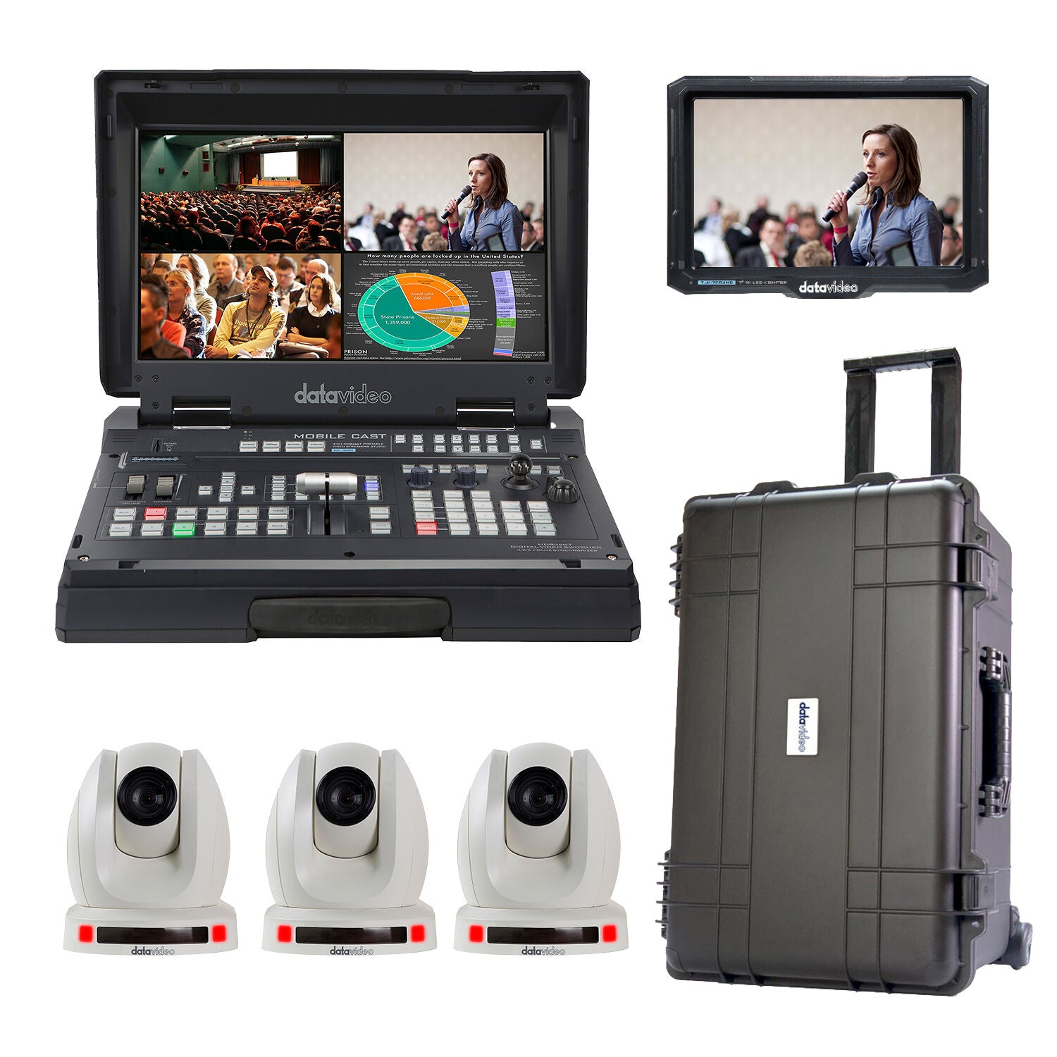 Datavideo HS-1600T-3C140TCMW HS-1600TMK2 Mobile Studio, 3x White PTZ Cameras and Monitor