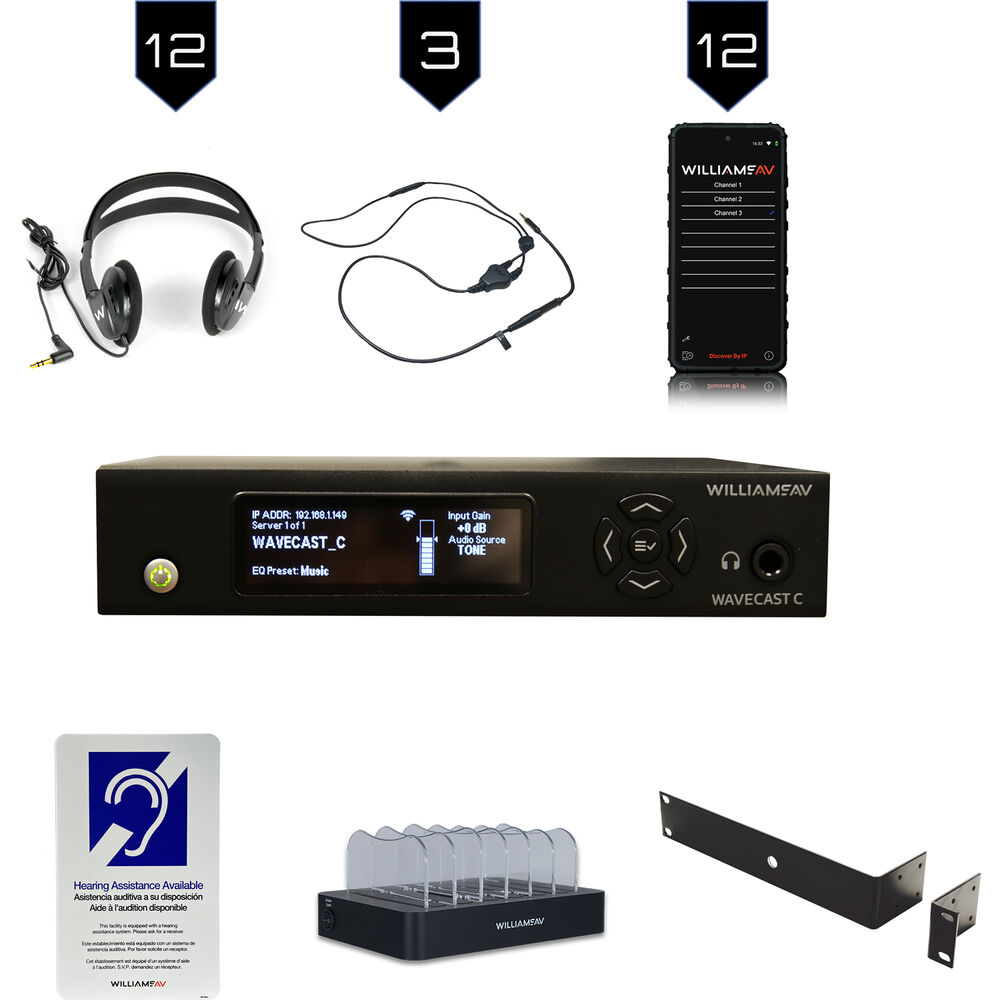 Williams AV WF-SYS3C Assistive Listening System with 12x Receivers and Headphones
