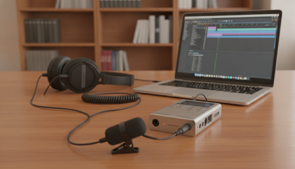 A professional lavalier microphone setup on a desk A professional lavalier microphone setup on a desk